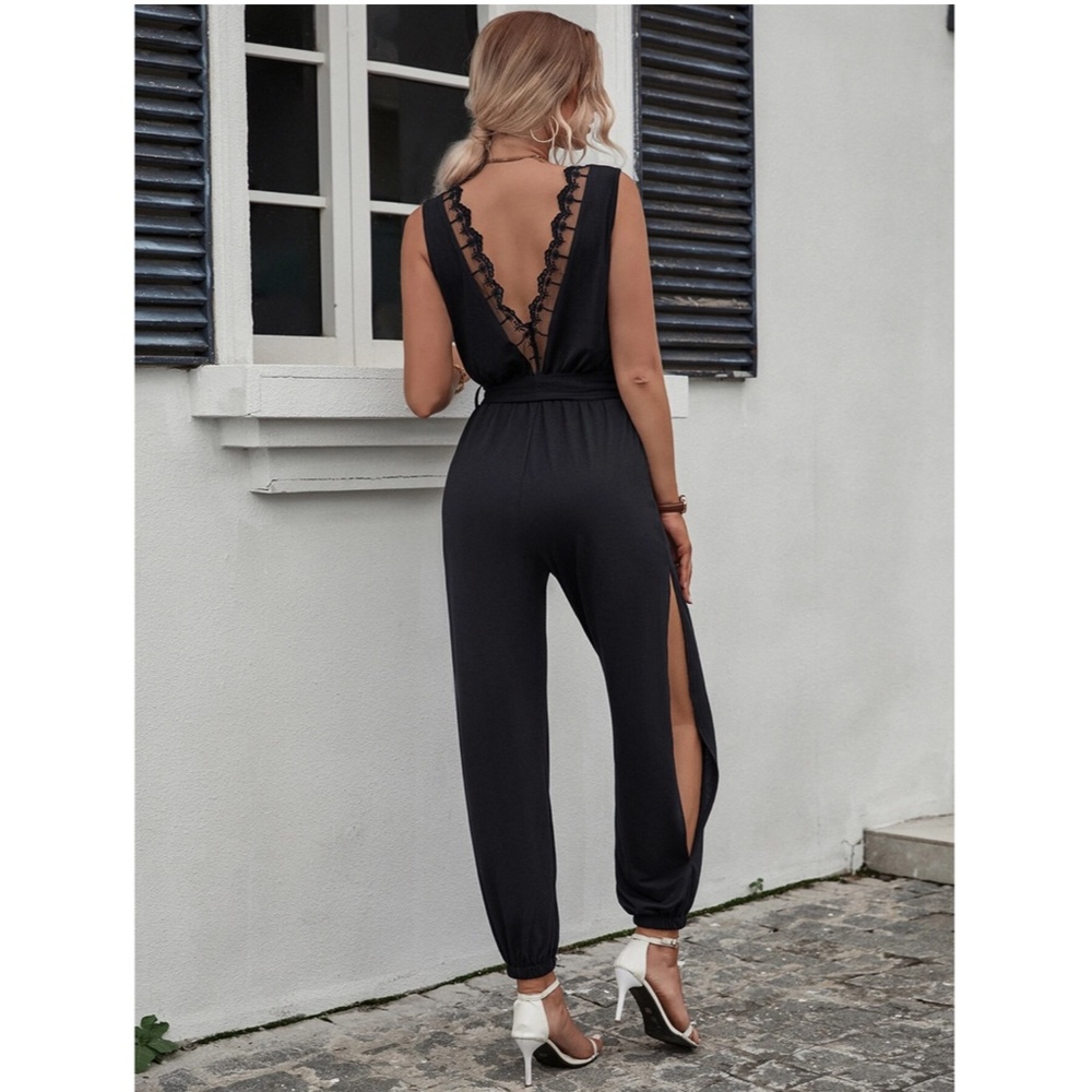 Backless Lace Detail Black Jumpsuit Tie Belted Sleeveless Long - Picture 4 of 7